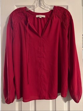 LOFT deep pink Smocked-Yoke Long Sleeve Tie-Neck Blouse